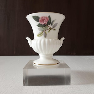 Vintage Wedgwood Vase, Hathaway Rose Pattern Mini Bud Vase with Gold Trim. MCM.