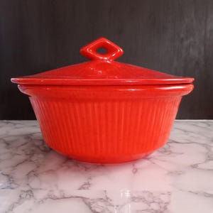 Pottery Casserole Dish with lid, Vintage, Red/Orange 128 USA 220. MCM. Rare Find!