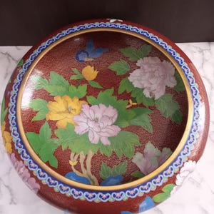 Chinese Cloisonné Bowl, Vintage CHAMPLEVÉ Bowl/Enamel Cloisonné 15&quot; Floral Design, collectors item, Rare find. MCM