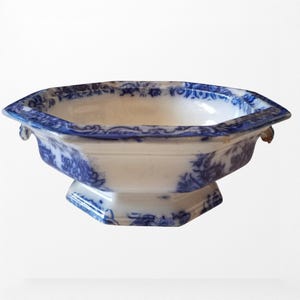 Antique 19th Century Staffordshire Transferware Flow Blue Octagonal Serving Bowl, Very Rare Find!