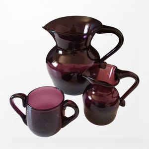 Vintage Shelton Glass Works Hand Crafted Amethyst Purple Large Pitcher, Small Pitcher and Creamer. MCM. Rare Set!