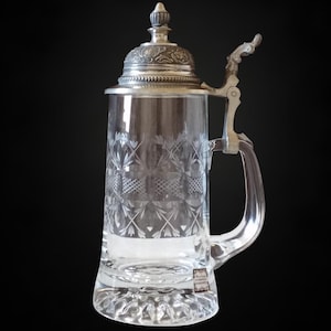 Vintage German Beer Mug/Stein, Crystal Hand Cut Pewter Lid, 1970s Beer Mug/Tankard/Stein. MCM. Rare Find!