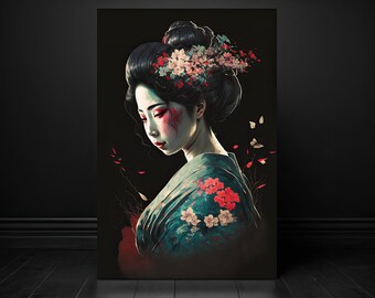 Portrait of a geisha in floral kimono, Digital Art, Home Decor, Canvas Print, Aluminum Print, Wood Print, Poster