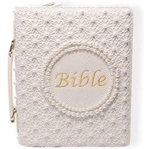 Pearl-embellished Bible cover, featuring handy carry handles for your sacred scriptures. Perfect protection, divine style.