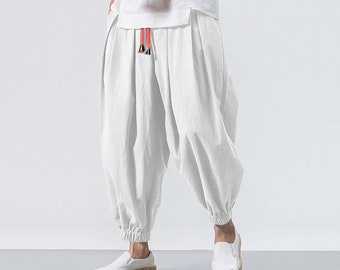 Solid Color Harem Baggy Men Pants Loose Bottoms Casual Sportswear Lantern yoga Pants Men'S Elasticated Trousers ,Linen Natural Woven Pants