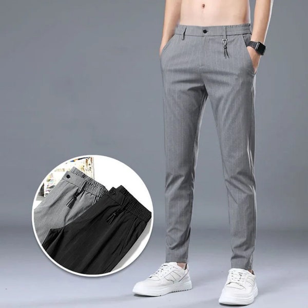 Men Formal Pants High Quality Slim Fit Business Casual Suit Pants,Men Thin Striped Streetwear Clothes Elastic Loose Casual Straight Trousers