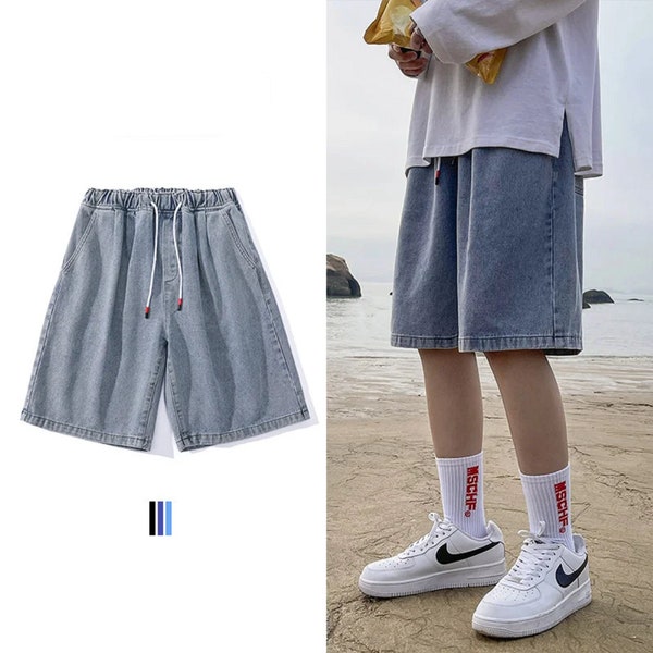 Men summer Drawstring Denim Shorts Fashion High Waist Leisure Loose Straight Capris Jeans Shorts, solid Color Casual Thin unisex Clothing