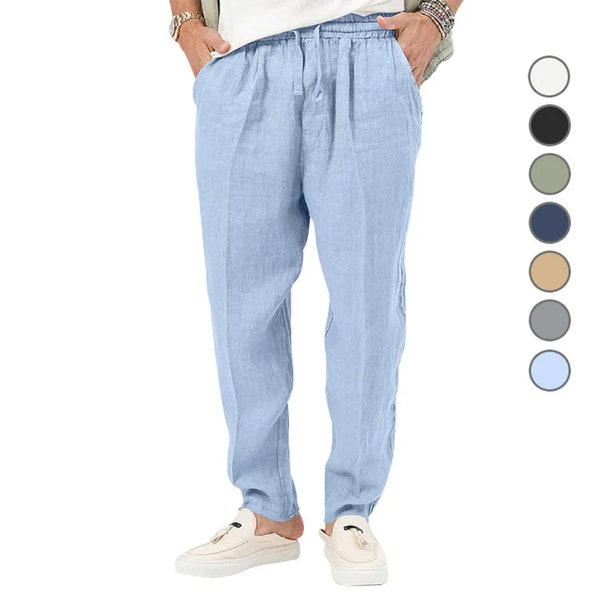 Men's Cotton Linen Pants Loose Casual Pants Elastic Waist Pant Casual Large Size Streetwear Lightweight Trousers,Outdoor Beach Pencil Pants