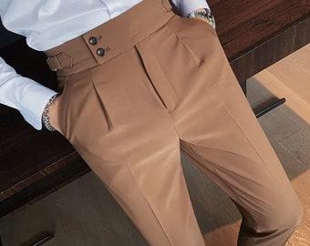 Britse stijl nieuwe effen hoge taille broek heren formele broek hoge kwaliteit slim fit business casual pak broek, verstelbare taille linnen broek