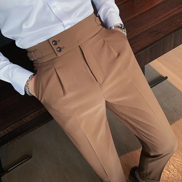 British Style New Solid High Waist Trousers Men Formal Pants High Quality Slim Fit Business Casual Suit Pants,Adjustable Waist Linen Pants