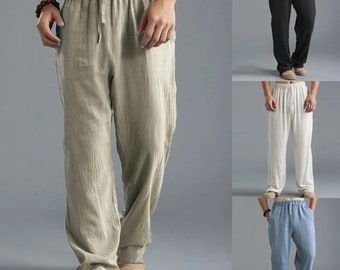 Mens Summer Casual Cotton Linen Loose Drawstring Yoga Pants Trousers Men Clothing Pantalones Mens Pants,Men wide leg pants