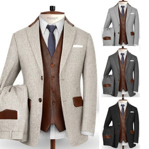 Vintage Tweed Suit For Men Slim Fit 3 Piece BlazerSet Leather Vest Herringbone Costume Homme TernoMasculino Suit for Wedding,Engagement,Prom