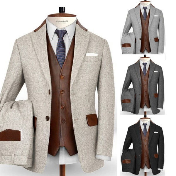 Vintage Tweed Anzug Für Männer Slim Fit 3-Teiler BlazerSet Lederweste Herringbone Kostüm Homme TernoMasculino Anzug für Hochzeit,Verlobung,Abschlussball