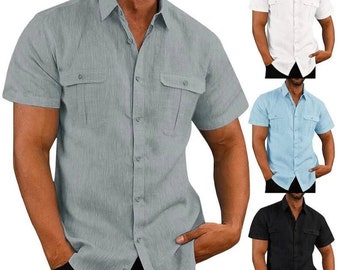 Cotton Linen Men Short-Sleeved Shirts Summer Solid Color Stand-Up Collar Casual Beach Style Plus SizeMale Shirts,Linen clothing for men