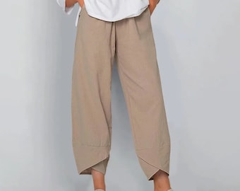 Sarouel femme coton lin vintage imprimé pantalon large décontracté poches solides Harajuku taille haute pantalon ample pantalon de yoga