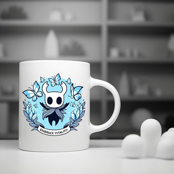 Mug Hollow Knight, lueur éthérée, design minimaliste, chevalier énigmatique, papillons vitales, Embrace Vitality, mug 11 oz, gamers, cadeau pour gamer