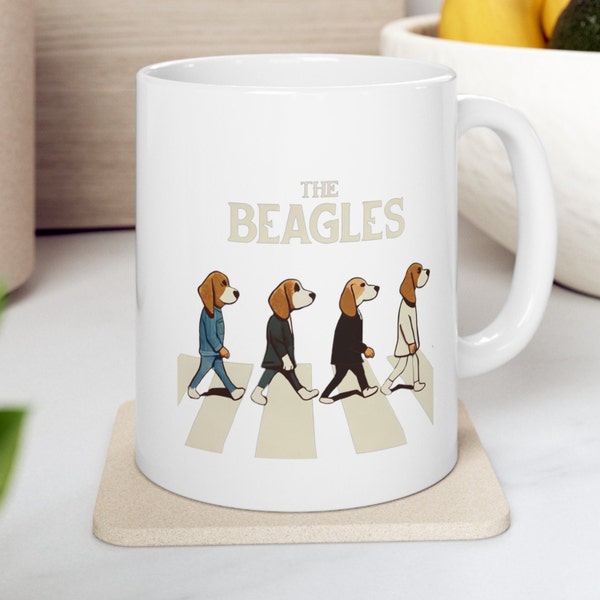 The Beatles, Abbey Road Coffee Mug, Cute Beagle Mug, White 11oz Beatles Album Cover Parody, Beagle