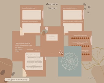 May include: A printable gratitude journal with a brown and blue colour scheme. The journal includes prompts for reflection and gratitude exercises. The text "Gratitude Journal" is at the top of the page.