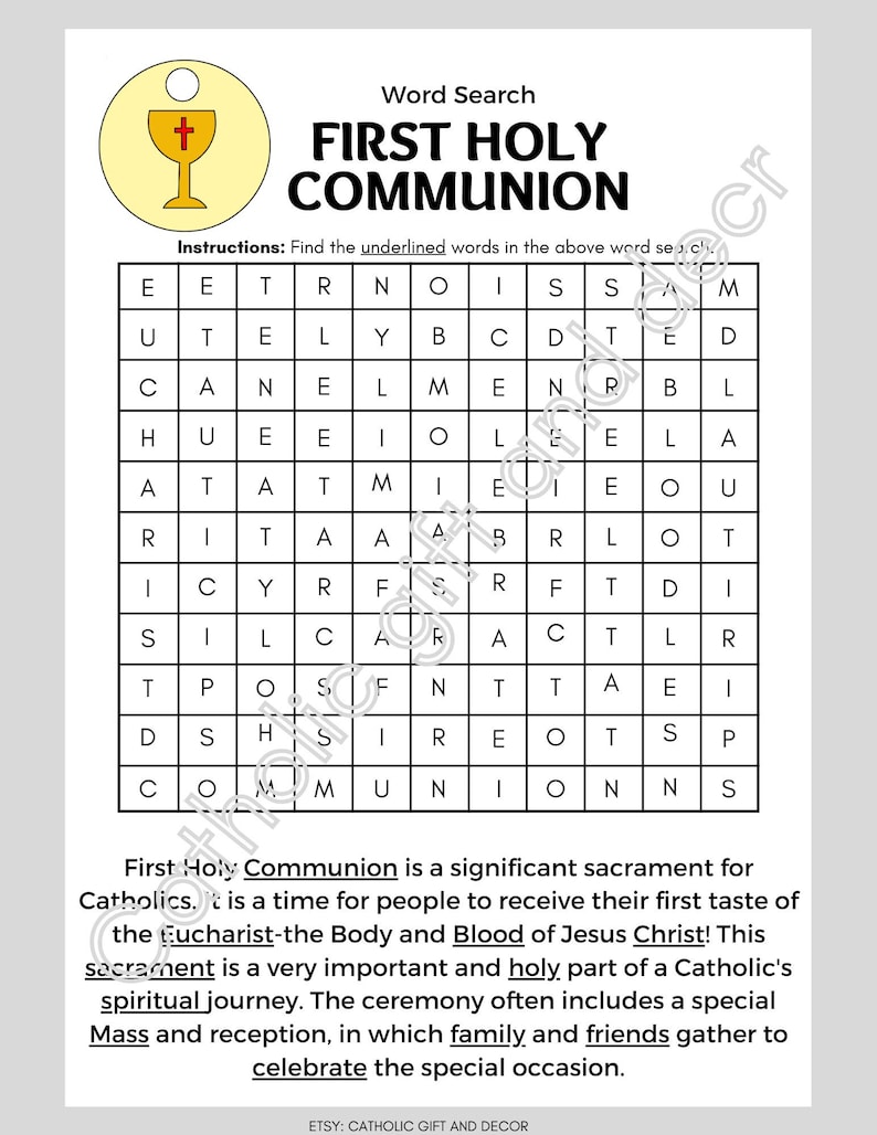 Printable Catholic First Communion Word Search 1st Communion Worksheet
