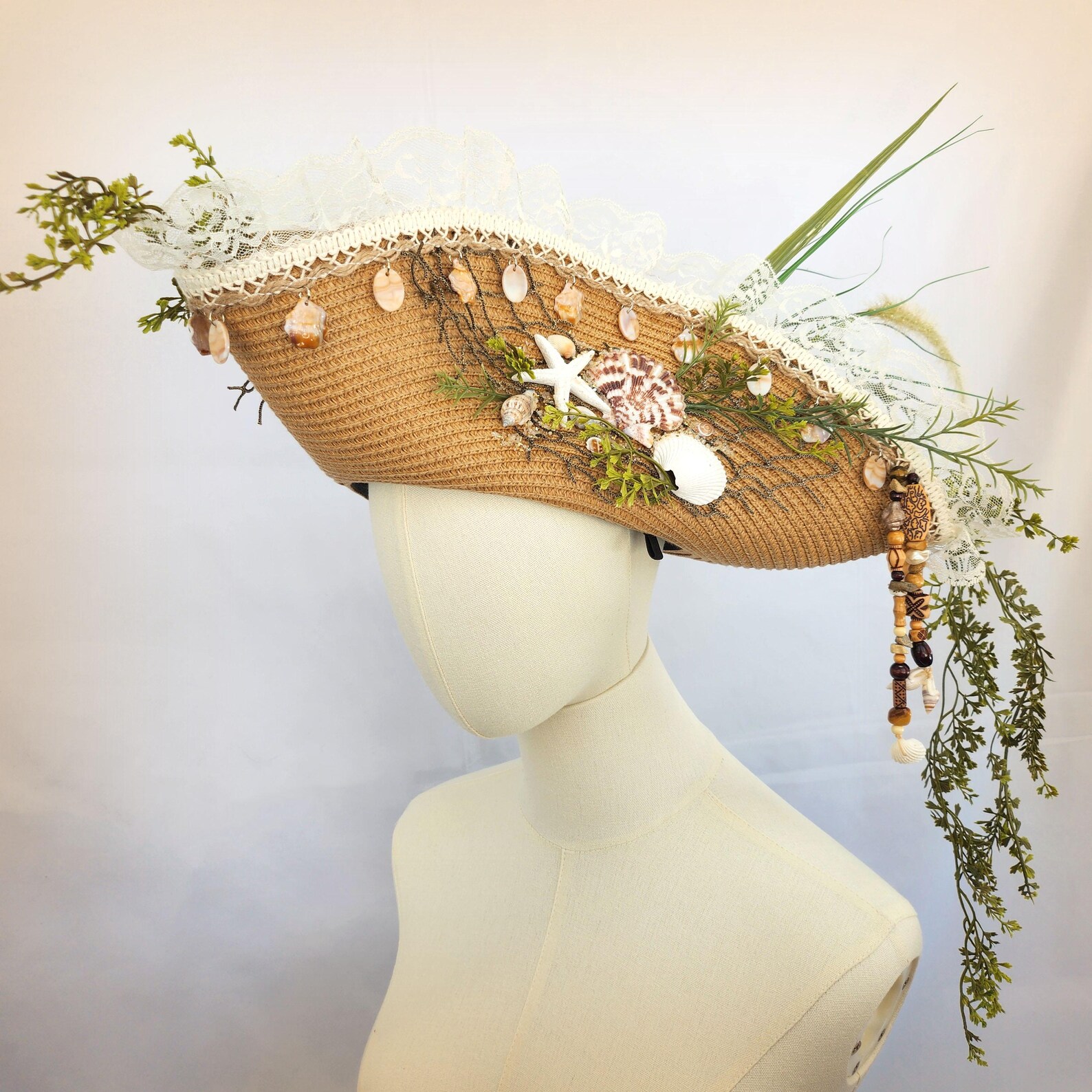 Beachy Straw Tricorn Pirate Hat With Seashells & Sea Grass ...