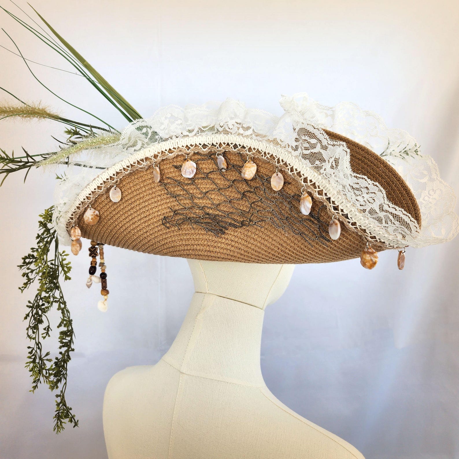 Beachy Straw Tricorn Pirate Hat With Seashells & Sea Grass ...