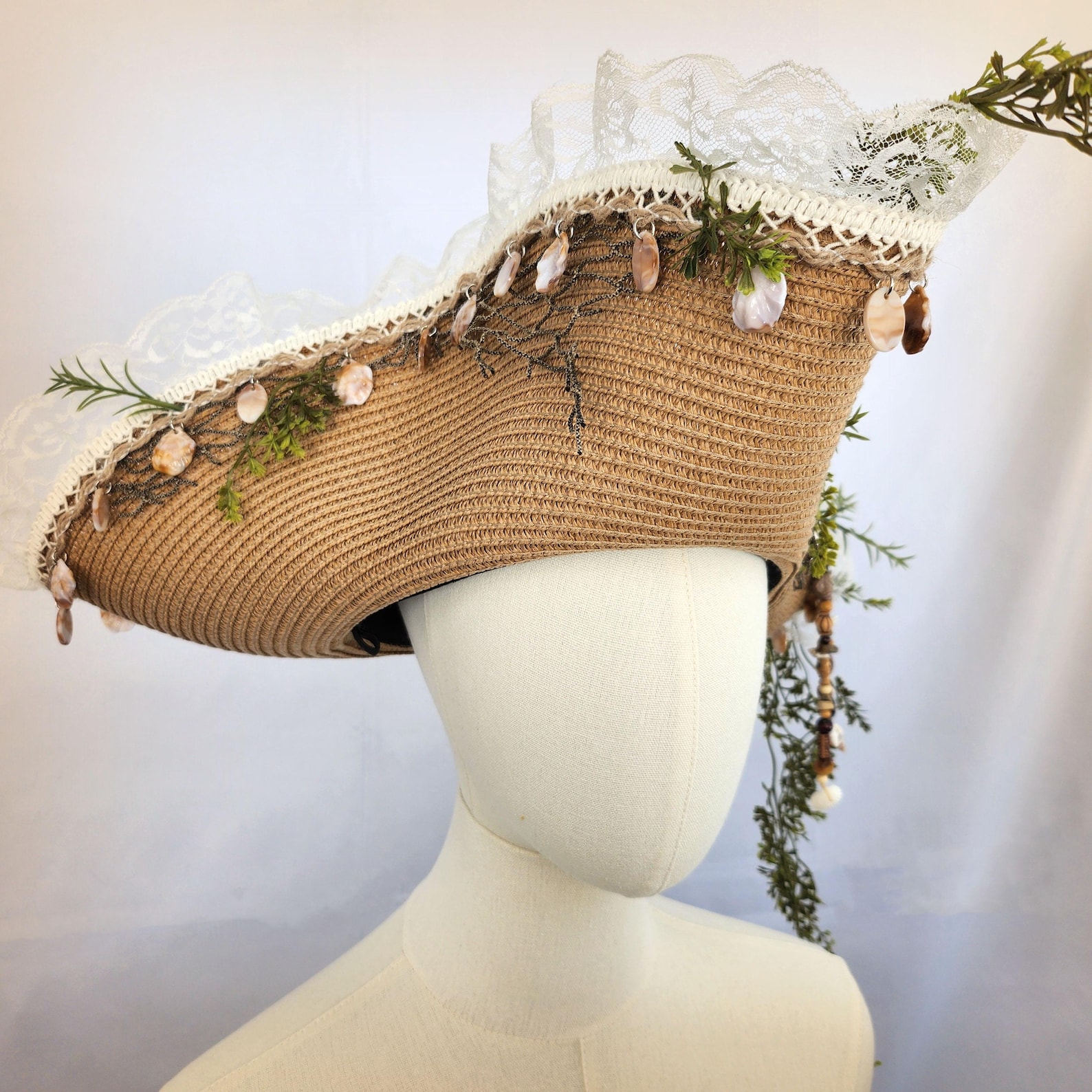 Beachy Straw Tricorn Pirate Hat With Seashells & Sea Grass ...