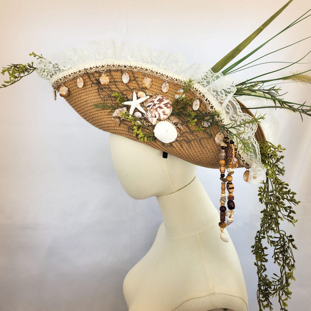 Beachy Straw Tricorn Pirate Hat With Seashells & Sea Grass ...