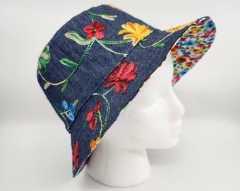 Colorful Floral Embroidered Denim Bucket Hat
