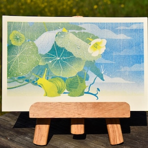May include: A rectangular art print featuring a stylized illustration of two green snails crawling beneath large, dew-covered green leaves and a single pale yellow flower, set against a blue sky with light rain streaks and white clouds.