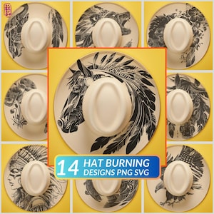 Set of 14 Western Hat Engraving Templates | Tribal Hat Burning Designs - Digital File for Laser Engraving | Template for Wide Brim Hats
