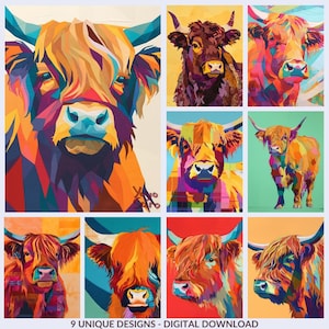 Op de afbeelding: Negen kleurrijke pop-art afbeeldingen van Schotse Hooglanders. Elke afbeelding toont een andere koe met levendige kleuren en geometrische vormen. De tekst "9 UNIQUE DESIGNS - DIGITAL DOWNLOAD" staat onderaan.