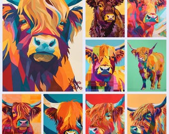 Highland Cow Quilt Art – 9 stampe digitali // Ispirazione per motivi di trapunte patchwork geometriche // Idee moderne per patchwork di MUCCHE