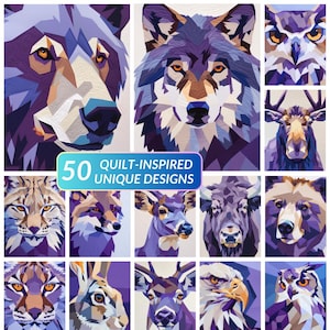 50 immagini di animali della foresta in stile di modelli geometrici di trapunte di animali selvatici – patchwork di animali poligonali – idee di patchwork di carta. SOLO IMMAGINI