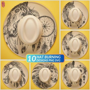 May include: A selection of cowboy hat designs with detailed black and white illustrations. The hats display images of horses, dream catchers, and feathers. The image text reads "10 Hat Burning Designs PNG SVG".