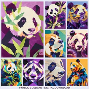 Set von 9 modernen Patchwork Panda Postern - Quilt-Stil Panda Kunstwerk – Low Poly Panda Porträt - Digital Download. Quilt Muster Inspiration