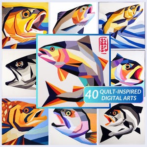 40 oeuvres d'art numériques géométriques inspirées des courtepointes de poissons • Truite arc-en-ciel • Inspiration pour les pièces de base en papier • Idées de motifs pour l'étable de courtepointe • Sans motifs