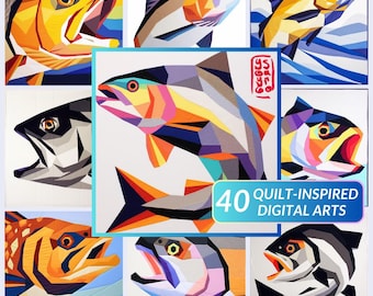 40の幾何学模様の魚のキルト風デジタルアート • ニジマス • ファンデーションペーパーピーシングのインスピレーション • キルトバーンのパターンアイデア • パターンなし