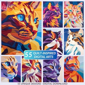 Colección de diseños de colchas de gatos (55 imágenes de alta resolución) // Inspiración para patrones de colchas de patchwork geométrico // Ideas modernas de patchwork de gatos