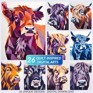 May include: A collection of 26 quilt-inspired digital art prints featuring stylized portraits of Highland cattle. The artworks showcase a variety of colors and geometric patterns, with text that reads "26 Quilt-Inspired Digital Arts" and "26 Unique Designs - Digital Download".