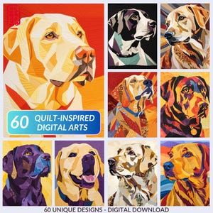 60 Colorful Labrador Retriever Quilt Arts – Patchwork Dog Portrait – Geometric Fabric Dog Wall Art – Digital Quilt Pattern - Fabric Applique
