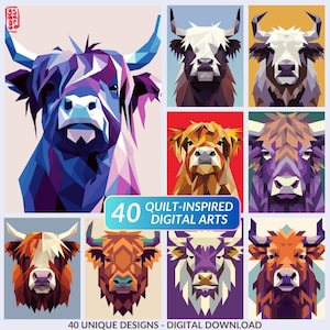 40 op quilts geïnspireerde digitale ontwerpen Highland Cow | Geometrische boerderijdierenkunst | Perfect voor quiltprojecten en paperpieces voor foundation