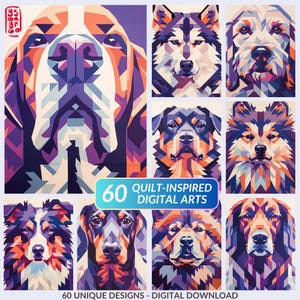 Könnte beinhalten: Eine Sammlung von digitalen Kunstdrucken im Quilt-Stil, die verschiedene Hunderassen zeigen. Jedes Porträt verwendet geometrische Formen und eine lebendige Farbpalette aus Lila, Orange und Blau. Der Text "60 Quilt-Inspired Digital Arts" ist enthalten.