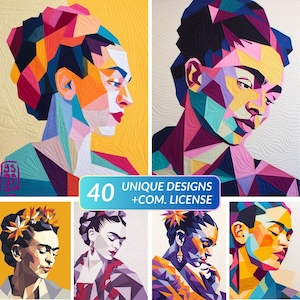 Set of 40 Frida Kahlo Quilt-Inspired Arts: Geometric Portrait Designs (Digital Download)