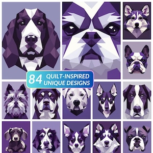 Puede incluir: Una colección de retratos geométricos de perros en tonos morados y blancos. La imagen incluye una variedad de razas de perros, cada una representada en un estilo de bajo polígono. El texto dice "84 Quilt-Inspired Unique Designs".