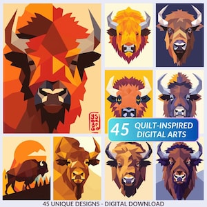 May include: A collection of nine digital art prints featuring geometric bison designs in shades of orange, brown, and yellow. The prints are labeled "45 QUILT-INSPIRED DIGITAL ARTS" and "45 UNIQUE DESIGNS - DIGITAL DOWNLOAD".