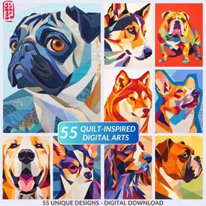 Set mit 55 Hunde-Quiltdesigns mit Porträts in verschiedenen Stilen und Paletten - keine Muster enthalten. Patchwork Hundemotive. Farbenfrohe Quilt Ideen