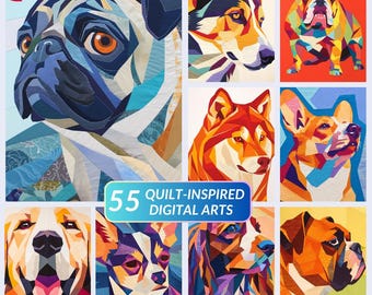 Conjunto de 55 diseños de colchas de perros con retratos en diversos estilos y paletas (sin patrones). Diseños de patchwork para perros. Ideas coloridas para colchas.
