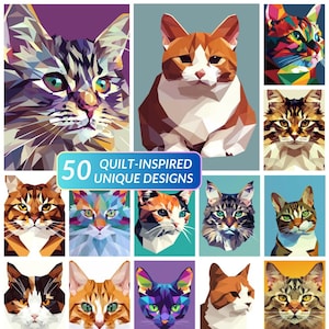 May include: A collage of 50 quilt-inspired cat designs. Each cat is depicted in a unique geometric pattern with vibrant colors, such as orange, blue, green, and purple.