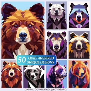 50 Quilted Bear Art Prints | Wildlife Patchwork Decor | Digital Quilt Animal Portraits | Modern Paper Piecing Bear Designs | NO PATTERN