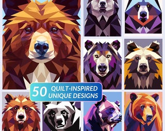 50 impresiones artísticas de osos acolchados / Decoración de patchwork de vida silvestre / Retratos digitales de animales / Diseños modernos de osos con patchwork de papel / SIN PATRÓN